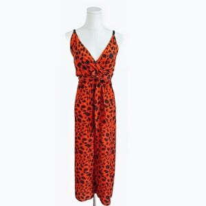 Missi London Orange Leopard Print Jumpsuit Wrap Belted Wide-Leg Size US 4